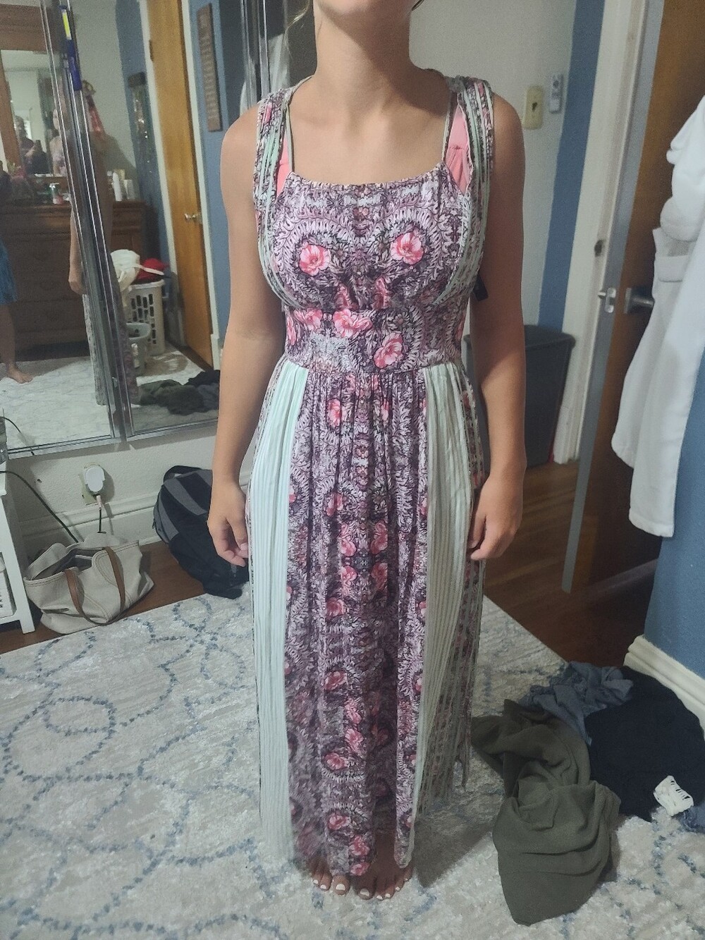 Free People Pink Floral Maxi Dress with Mint Panels